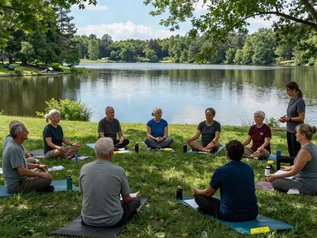 PTSD treatment for veterans during mindfulness therapy at a serene lakeside retreat.