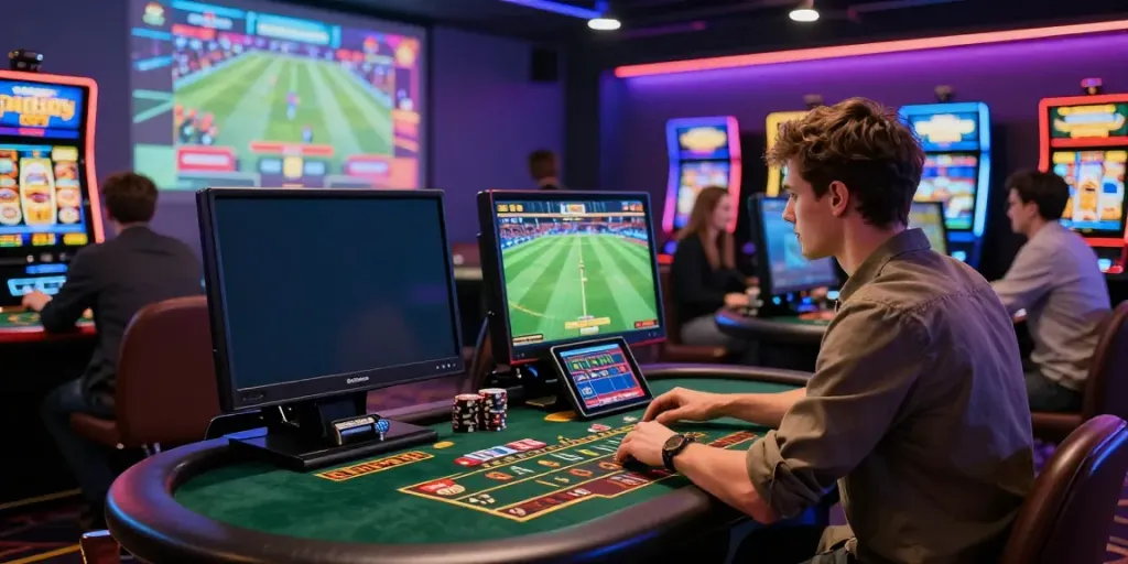 Engaging online casino experience at https://uk88win.org/ with diverse players at vibrant gaming stations.