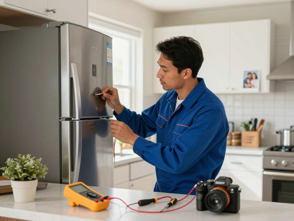 Expert appliance repair Newmarket technician troubleshooting a modern refrigerator in a bright home setting.