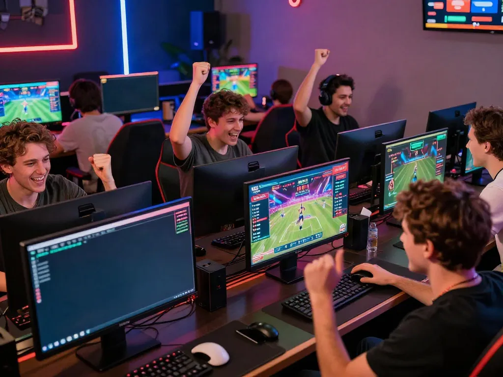 Engaged gamers at computers on https://nbet.group/ enjoying dynamic sports betting and gaming.