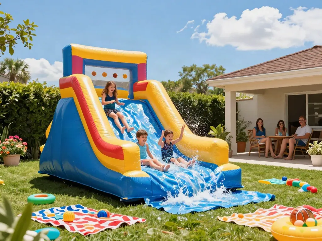 Children enjoying a thrilling slide water slide, splashing in summer joy.