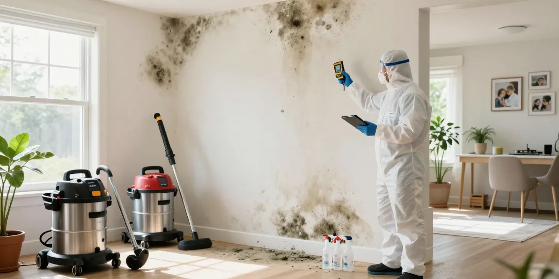 Mold Remediation Vancouver technician inspecting a home for mold with safety gear and moisture meter