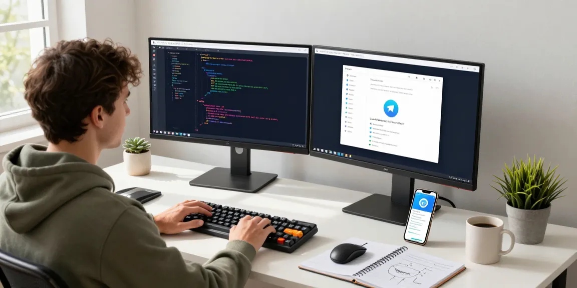 Using the Telegram Web Version, a developer engages in coding at a modern workstation with dual monitors.