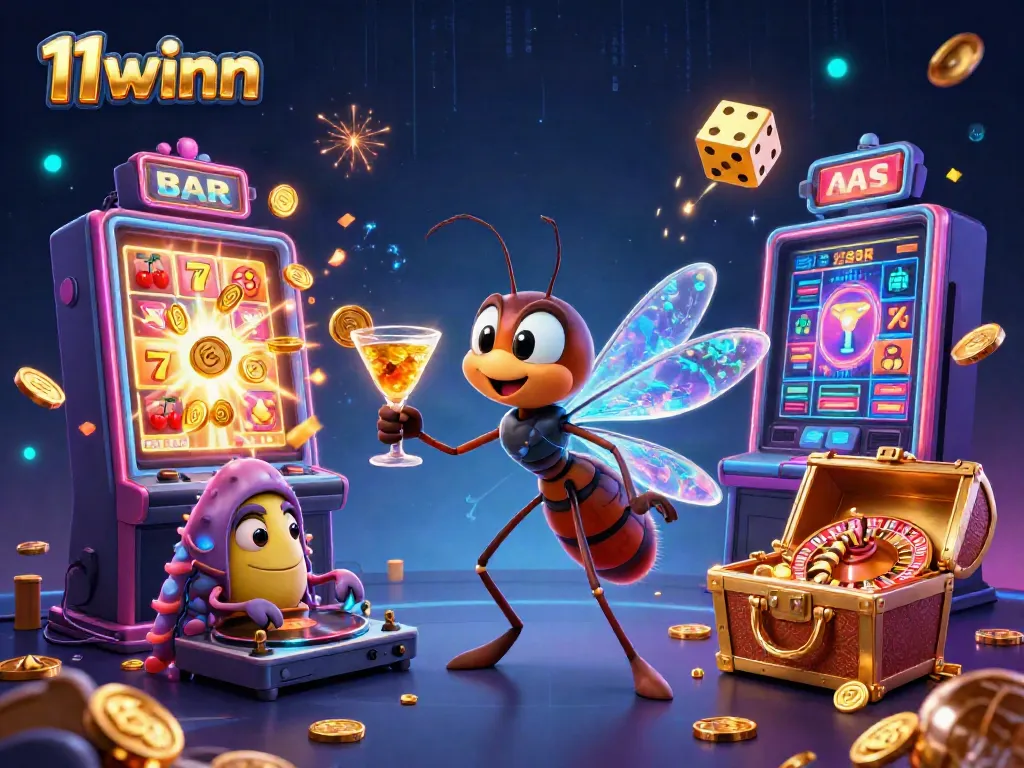 Experience the excitement of 11winn as an amber mosquito mascot comes to life amidst a casino-themed jackpot explosion.