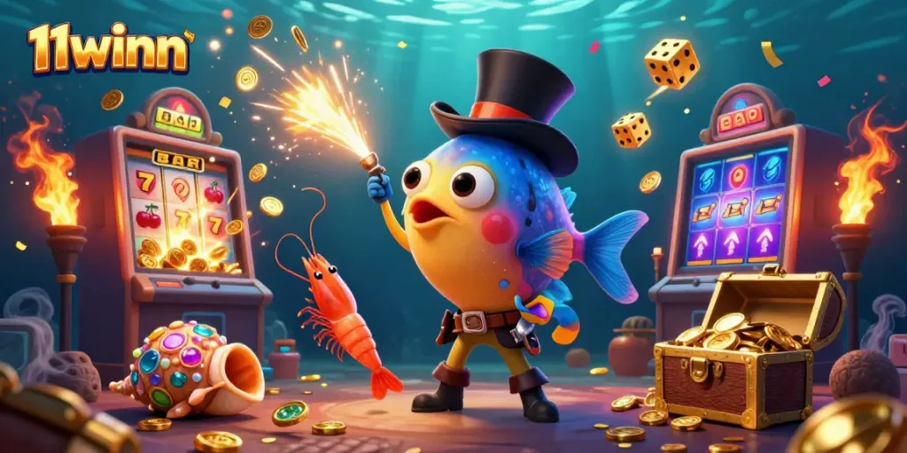 Experience thrilling wins at 11winn with anglerfish and friends in a vibrant casino scene.