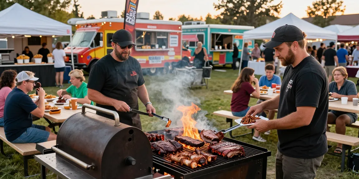 bbq takeout alberta scene with grilling meats, food festival atmosphere, and happy families enjoying BBQ