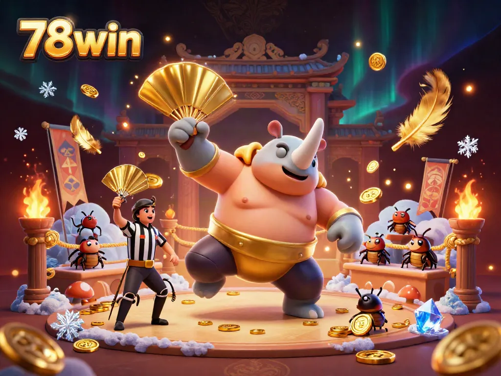 Experience thrilling action at 78win with a sumo champion beetle amidst golden coins in a vibrant arena.