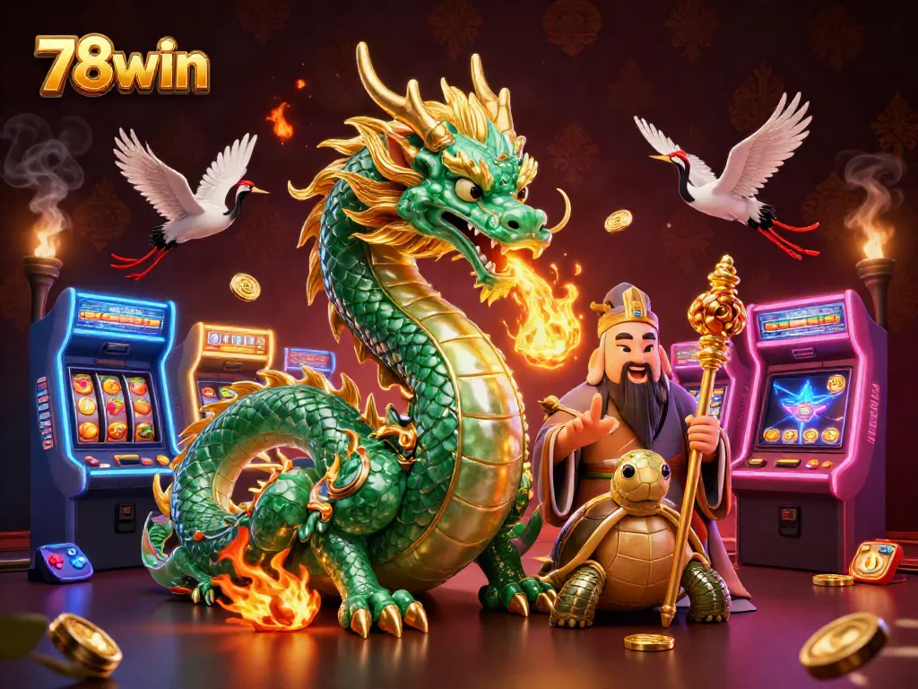 Engage with the dynamic realm of 78win as a jade dragon embodies luck amid neon casino elements.