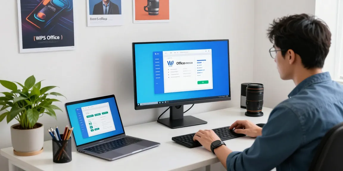 WPS Download in a modern tech workspace featuring dual monitors displaying software.