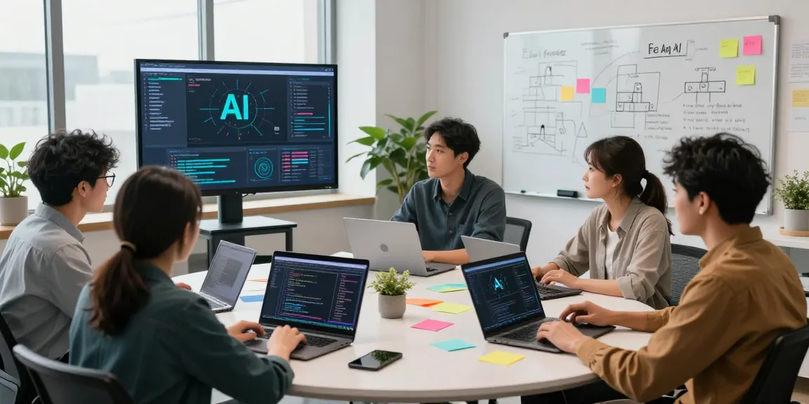 AI Agent development team collaborating in a bright, modern workspace.