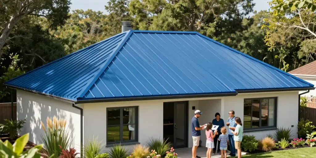 Modern Metal Roofing on a stylish home with a family admiring their new installation.