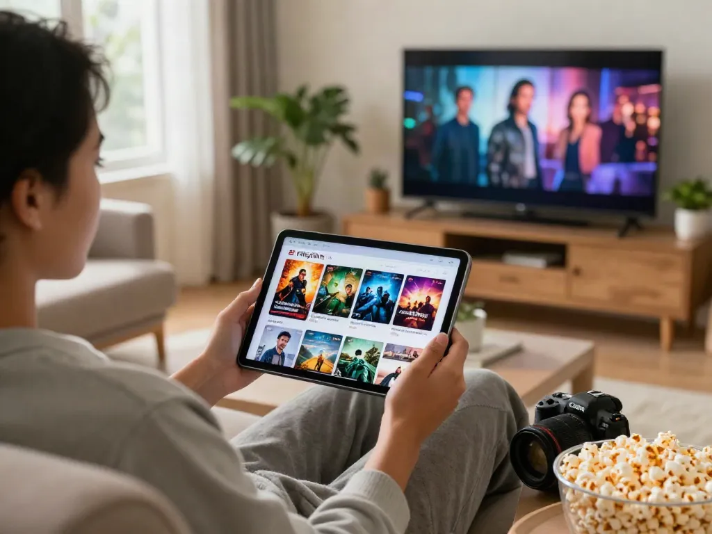FilmyZilla app interface browsing for movies in a cozy living room