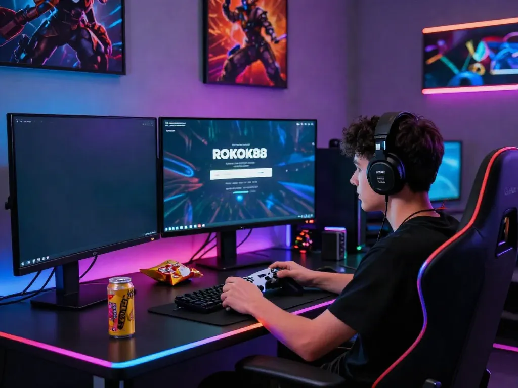 Player performing rokok88 login at a vibrant gaming setup with modern equipment.