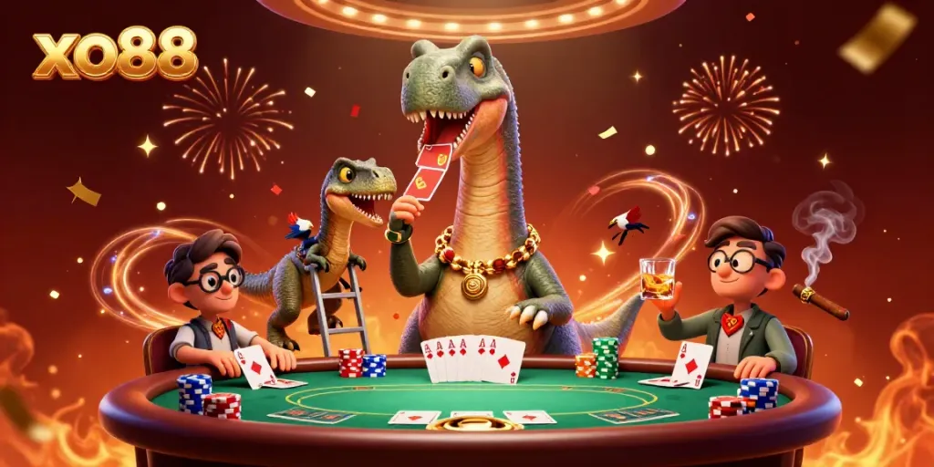 Experience thrilling gameplay with xo88 featuring a giant brontosaurus at a poker table.