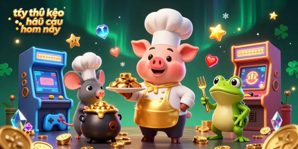 Engage with tỷ lệ kèo nhà cái hôm nay through a vibrant 3D casino-themed illustration featuring characters and gaming elements.
