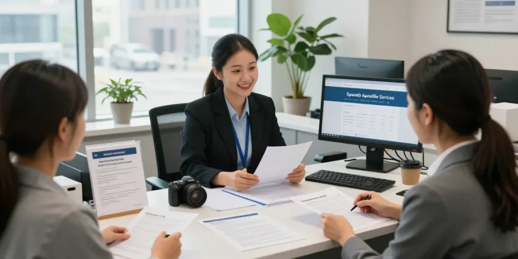 Apostille services office showing a notary assisting clients with document processing in Toronto.
