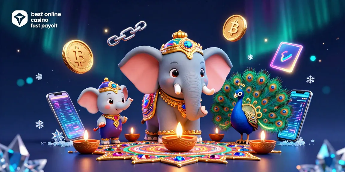 The vibrant image showcases the best online casino fast payout experience with a festive elephant and peacock amidst dynamic casino elements.